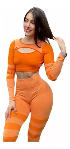Conjunto Deportivo Naranja Scrunch Leggins Estilo Calceta