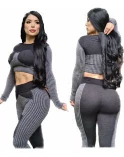 Conjunto Deportivo Push Up Color Negro Con Gris Manga Larga